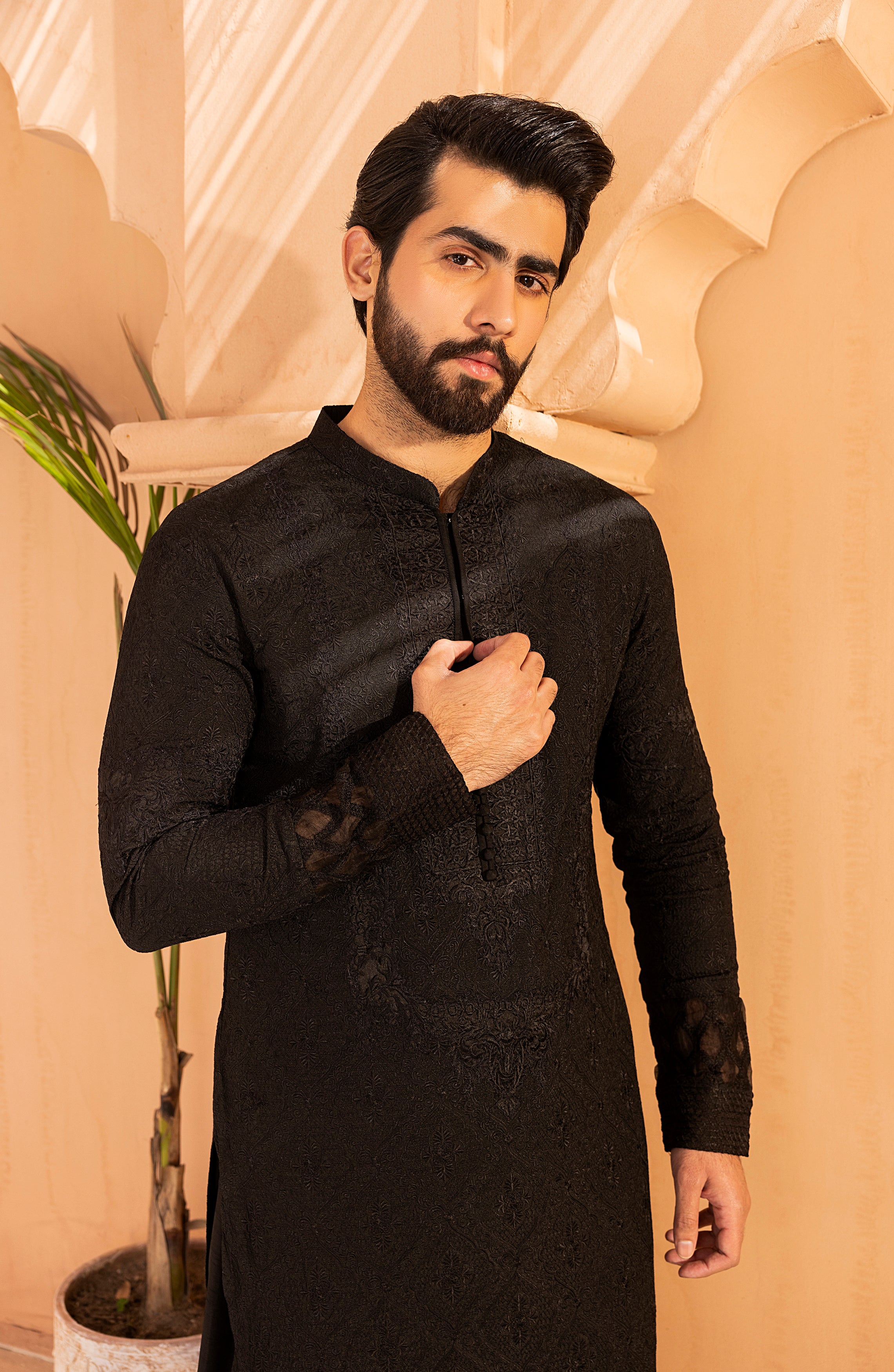 Black Jacquard Embroidered Kurta Shalwar (2-Piece) - Image 2