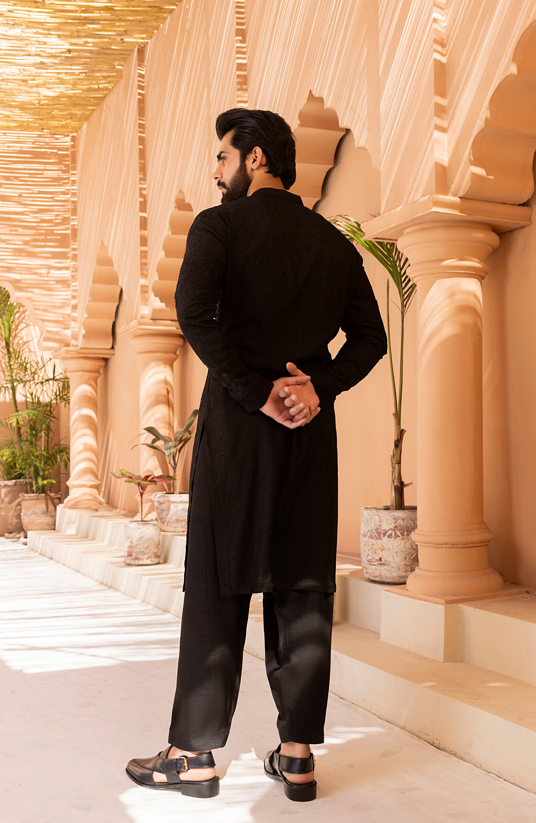 Black Jacquard Embroidered Kurta Shalwar (2-Piece) - Image 3