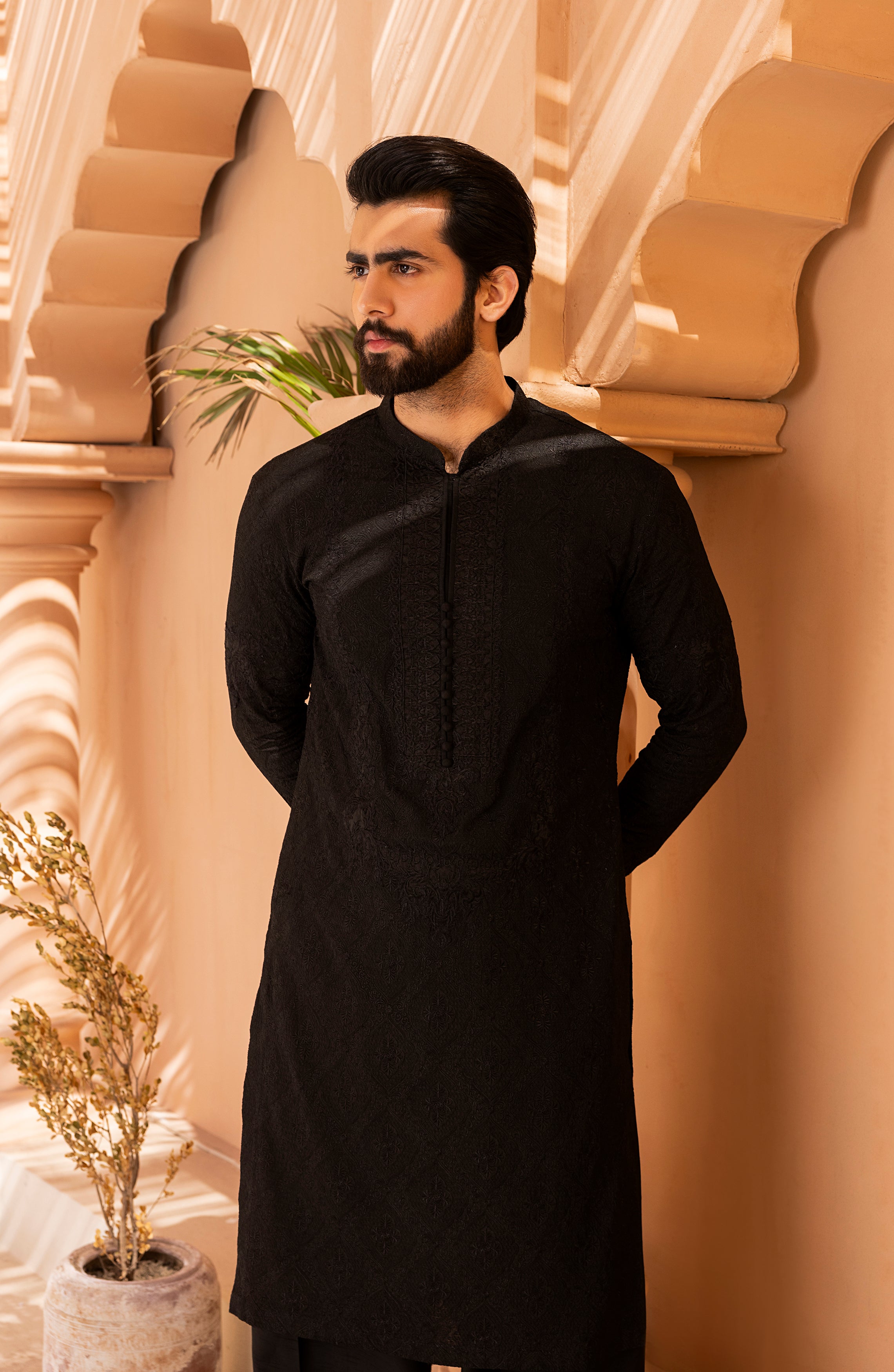Black Jacquard Embroidered Kurta Shalwar (2-Piece) - Image 4