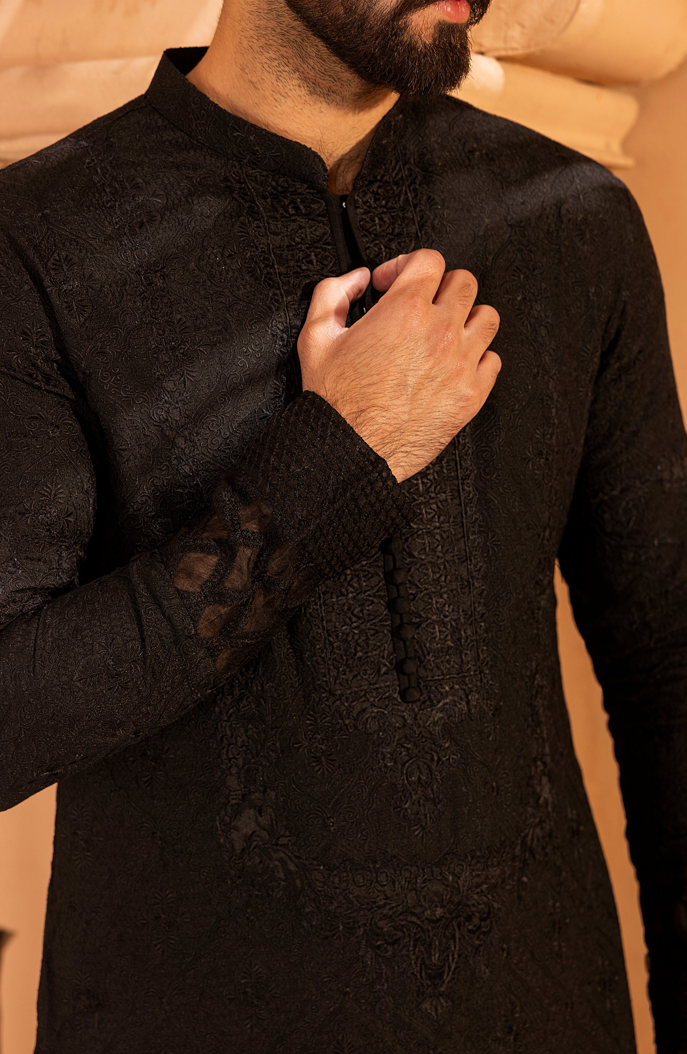 Black Jacquard Embroidered Kurta Shalwar (2-Piece) - Image 5
