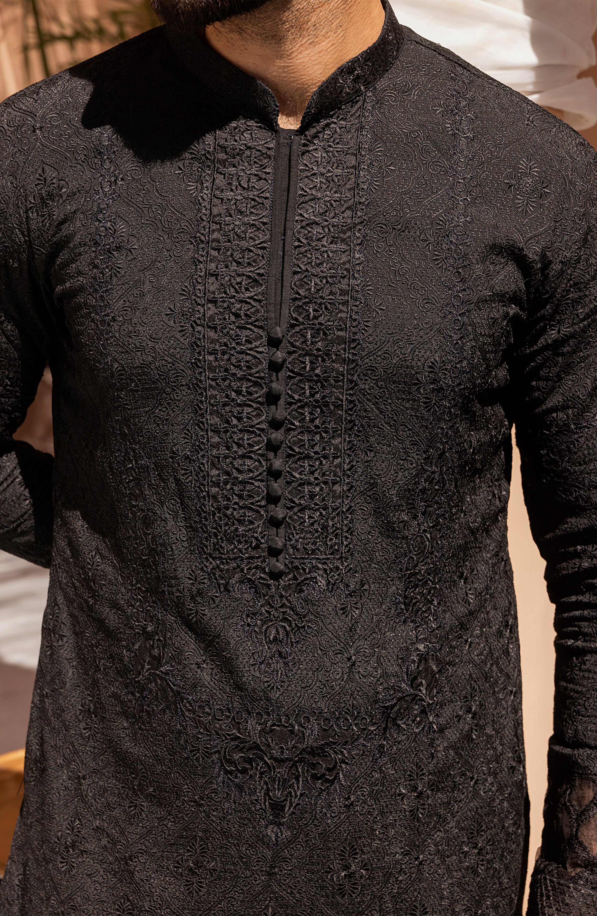 Black Jacquard Embroidered Kurta Shalwar (2-Piece) - Image 6