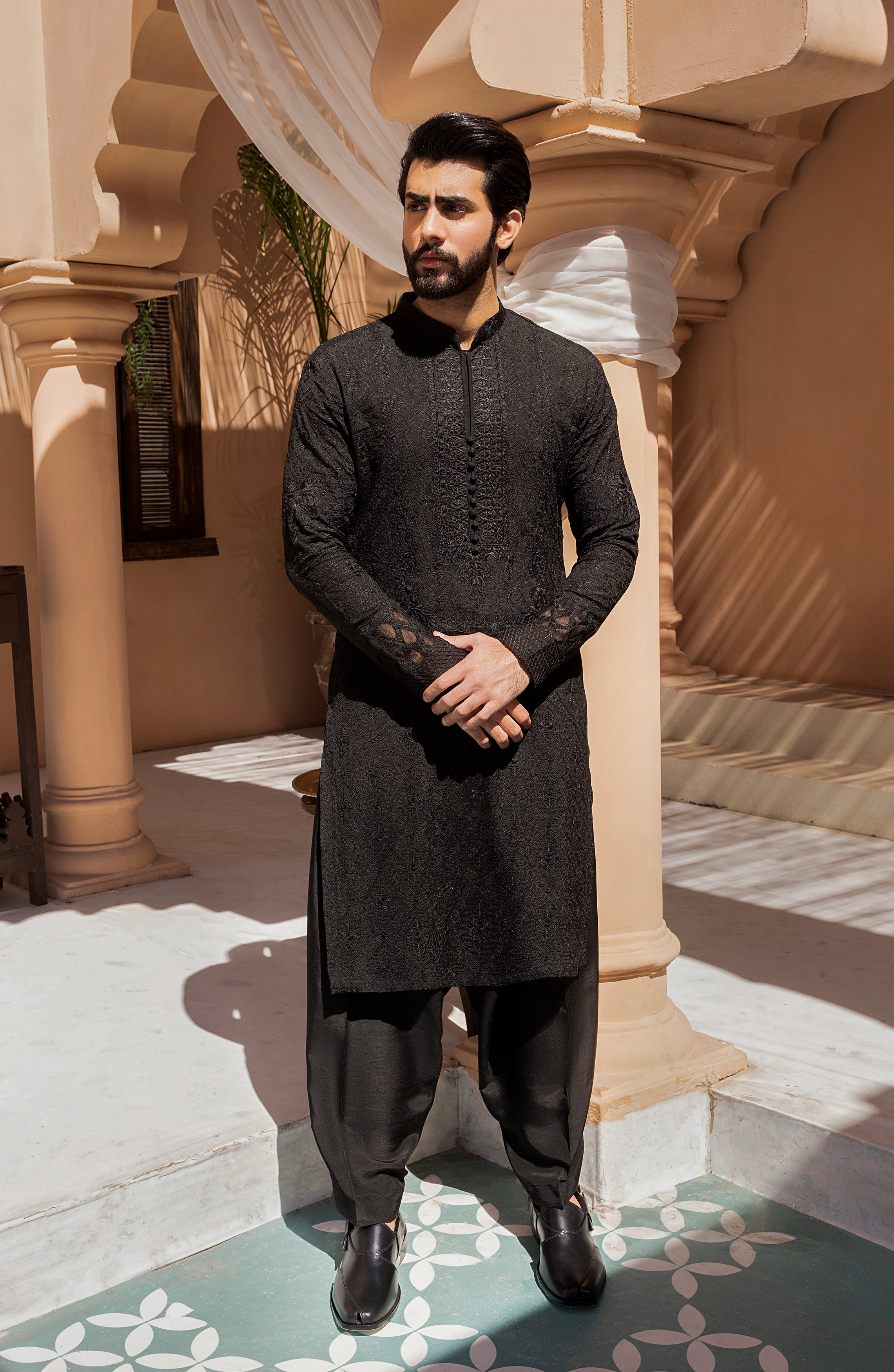Black Jacquard Embroidered Kurta Shalwar (2-Piece) - Image 7