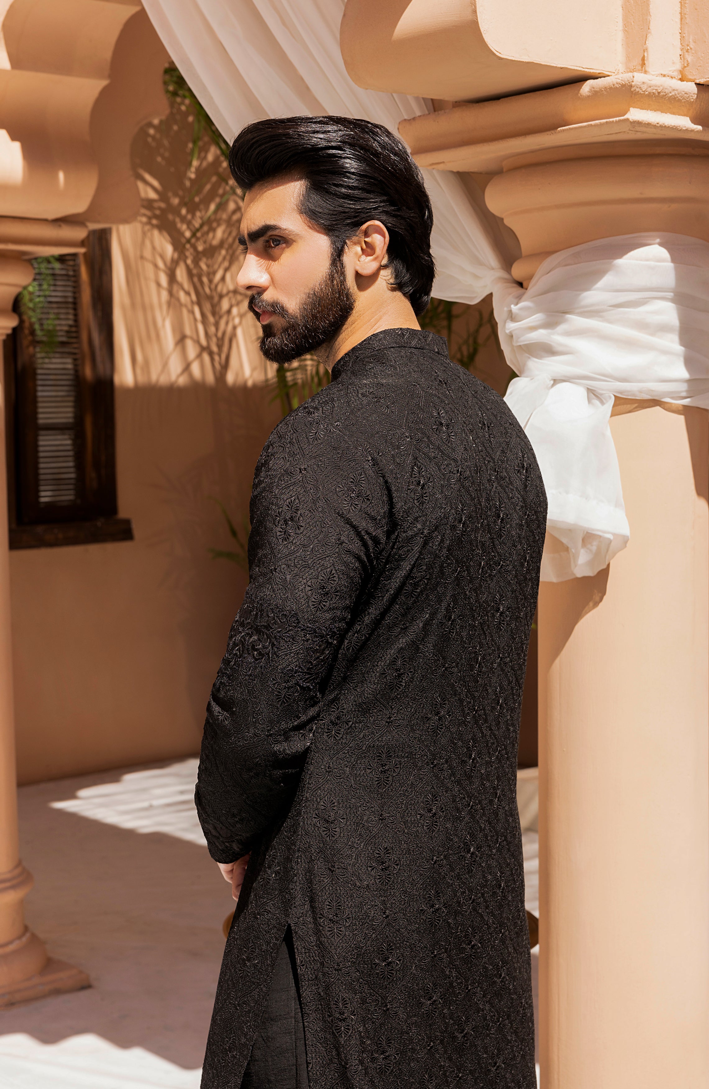 Black Jacquard Embroidered Kurta Shalwar (2-Piece) - Image 8