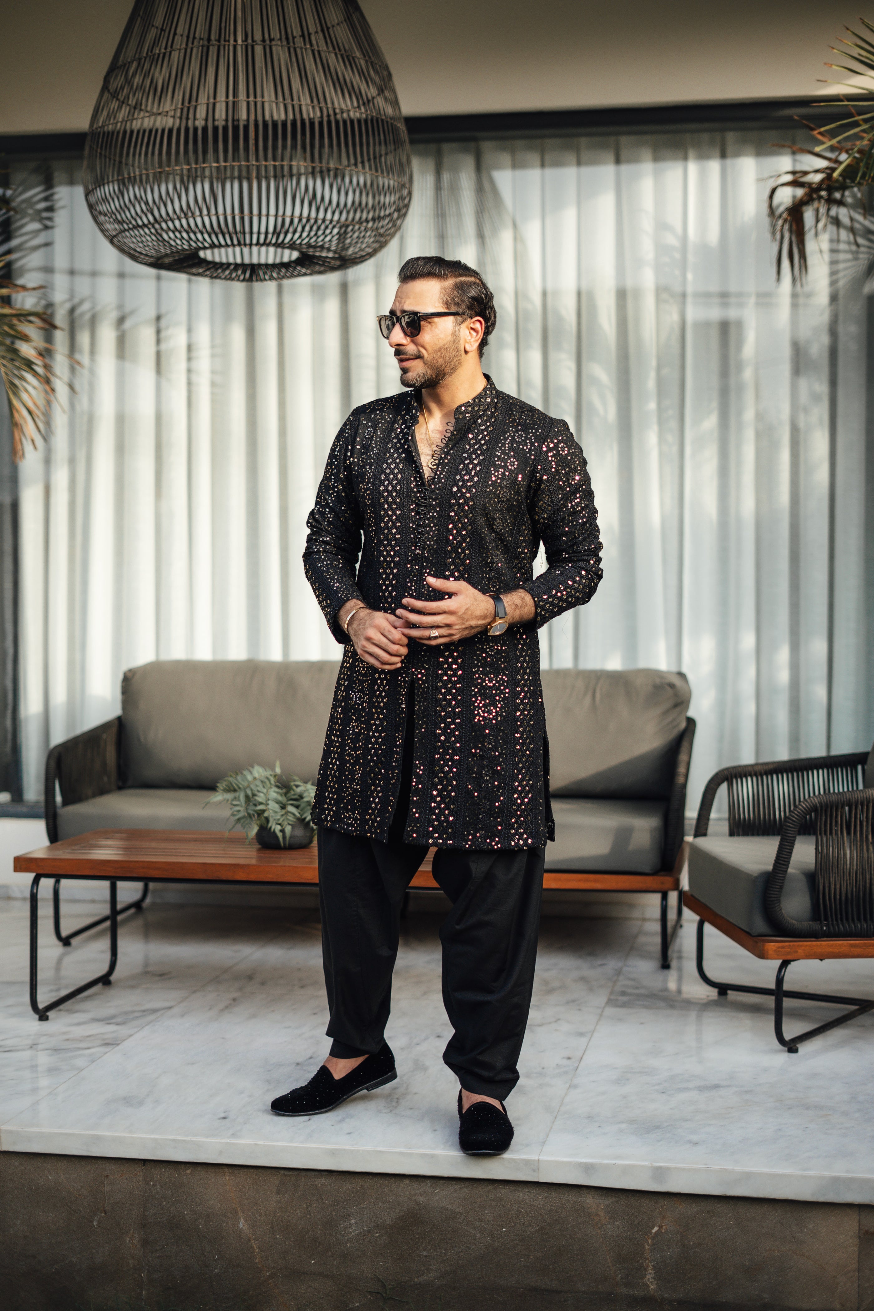Black Sequin Embroidered Silk-Blend Kurta Shalwar (2-Piece) - Image 2