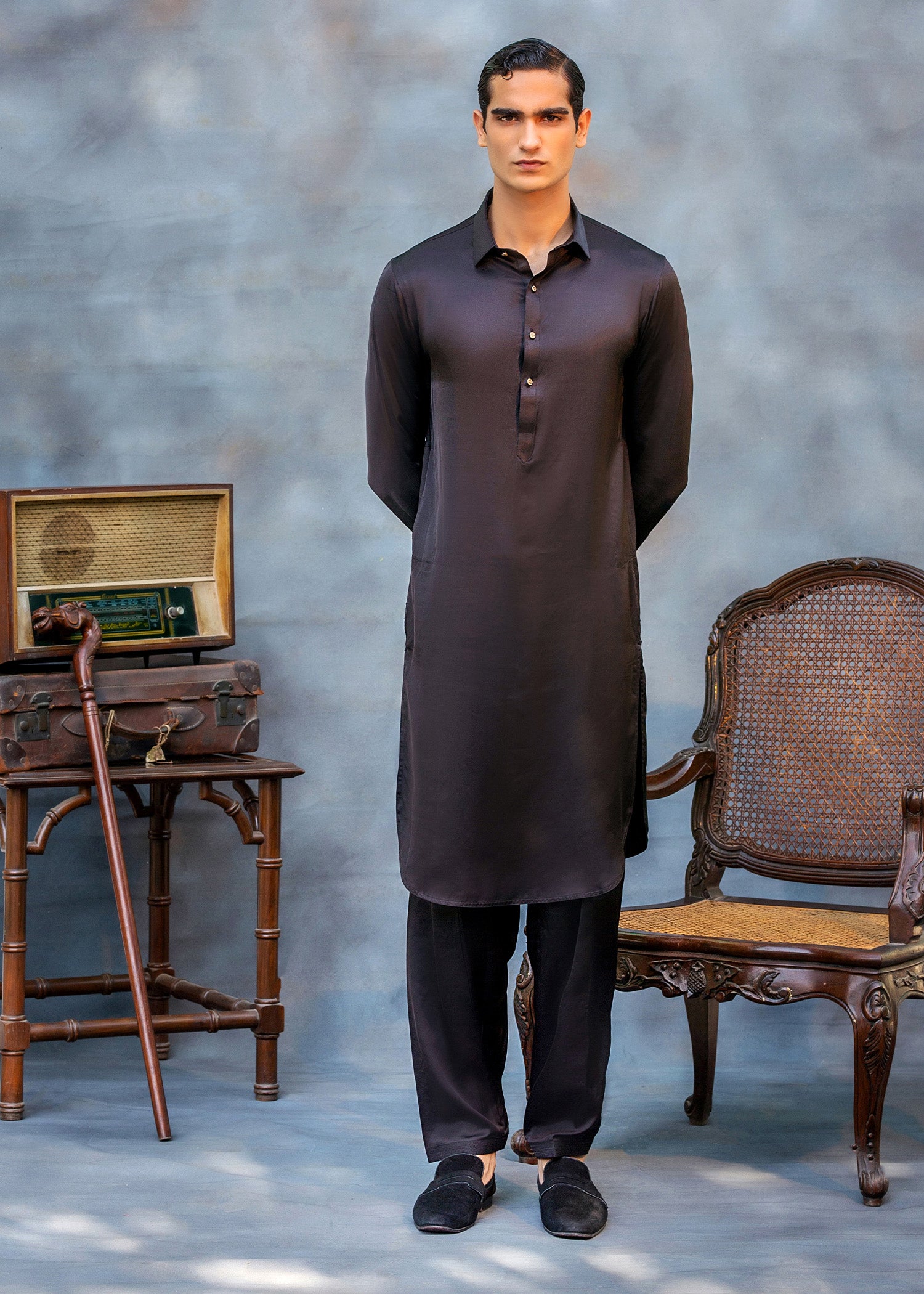 Black Premium Silk Kurta Shalwar (2-Piece) - Image 1