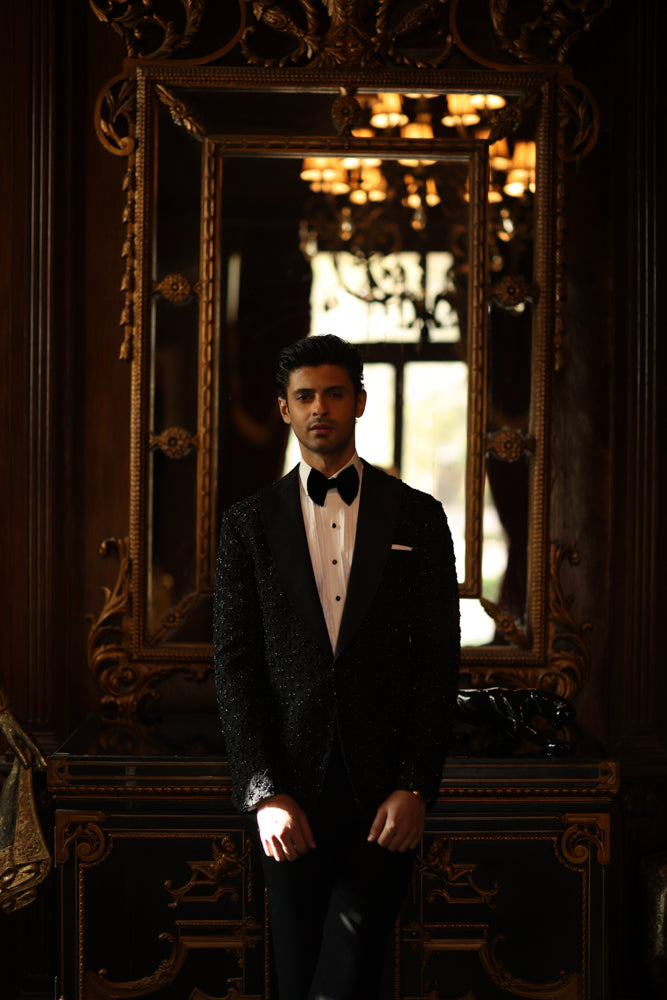 Black Embossed Tuxedo 3-Piece with Bow Tie - Image 2