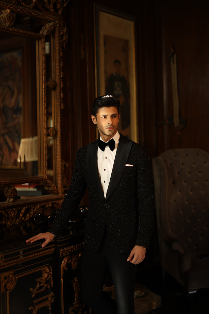 Black Embossed Tuxedo 3-Piece with Bow Tie - Image 6