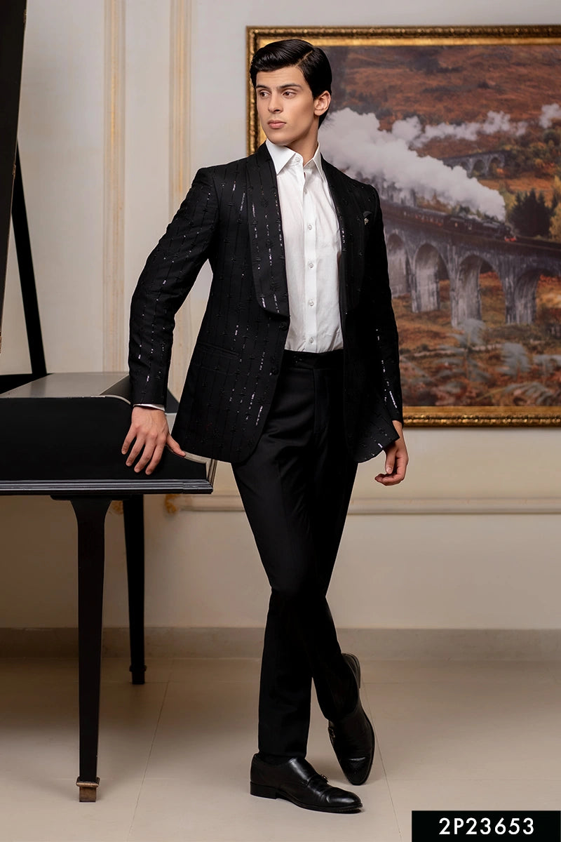 Black Embroidered Italian Fabric Tuxedo Suit (2-Piece) - Image 1
