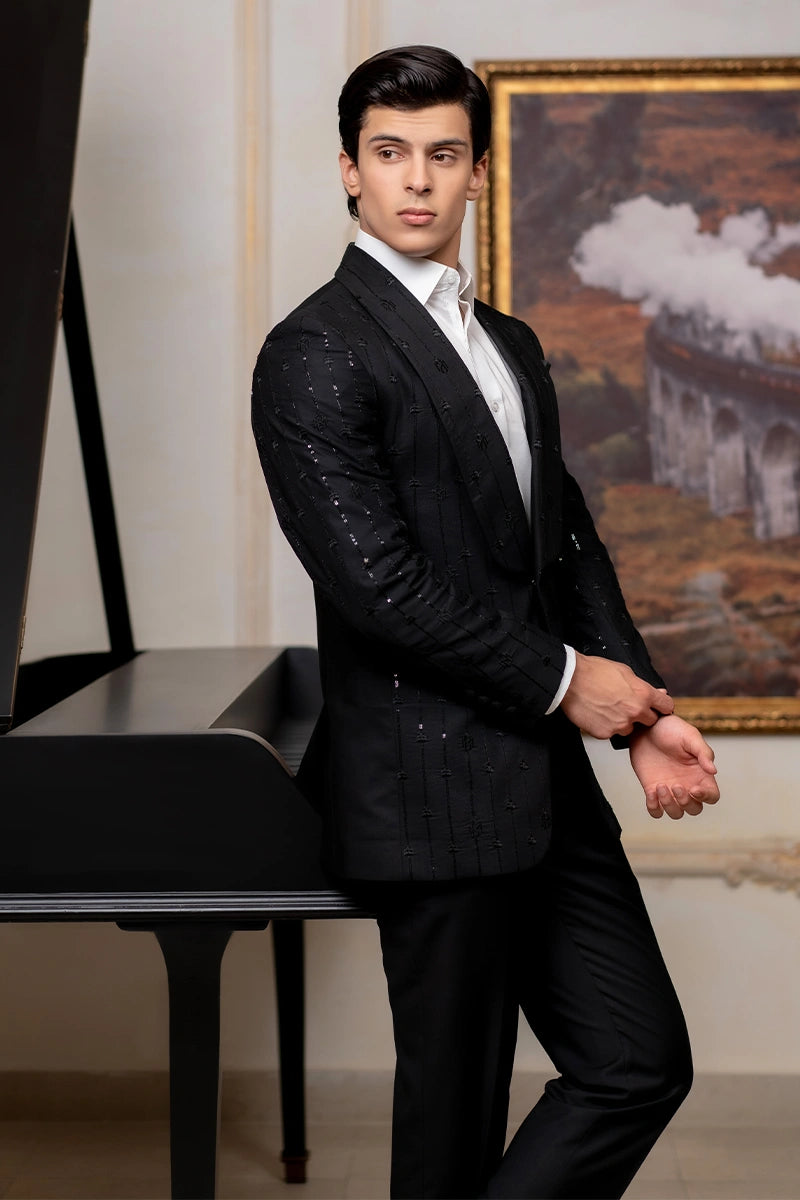 Black Embroidered Italian Fabric Tuxedo Suit (2-Piece) - Image 2