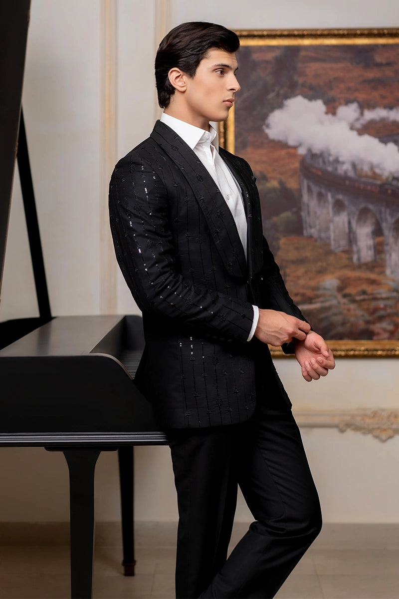 Black Embroidered Italian Fabric Tuxedo Suit (2-Piece) - Image 3