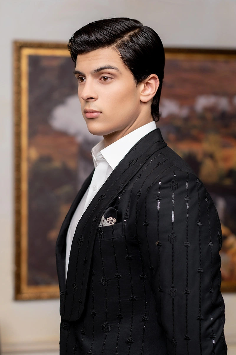 Black Embroidered Italian Fabric Tuxedo Suit (2-Piece) - Image 4