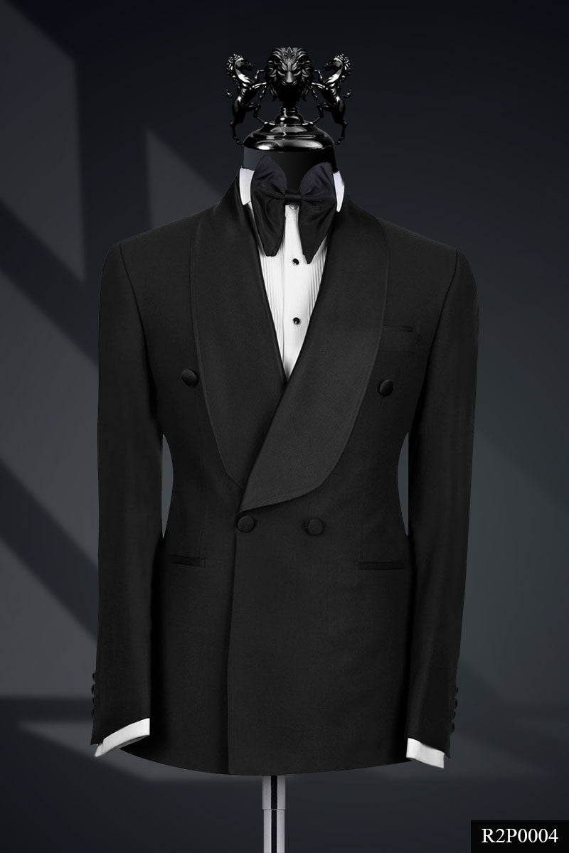 Black Satin-Trim Italian Fabric Double-Breasted Tuxedo (3-Piece) - Image 1