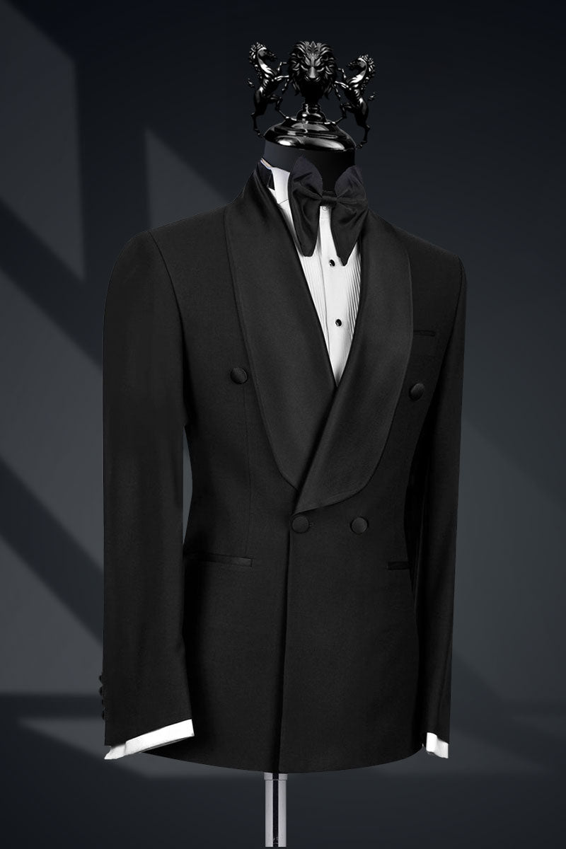 Black Satin-Trim Italian Fabric Double-Breasted Tuxedo (3-Piece) - Image 2