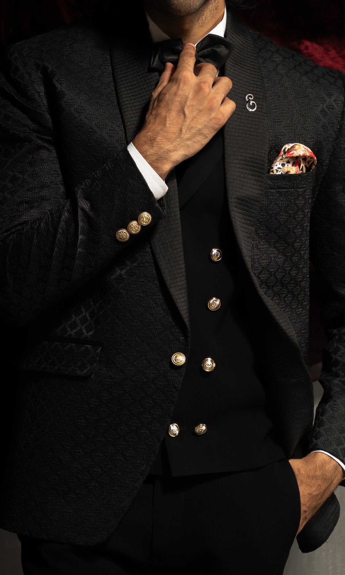 Black Jacquard Tuxedo with Double-Breasted Waistcoat (3-Piece) - Image 2