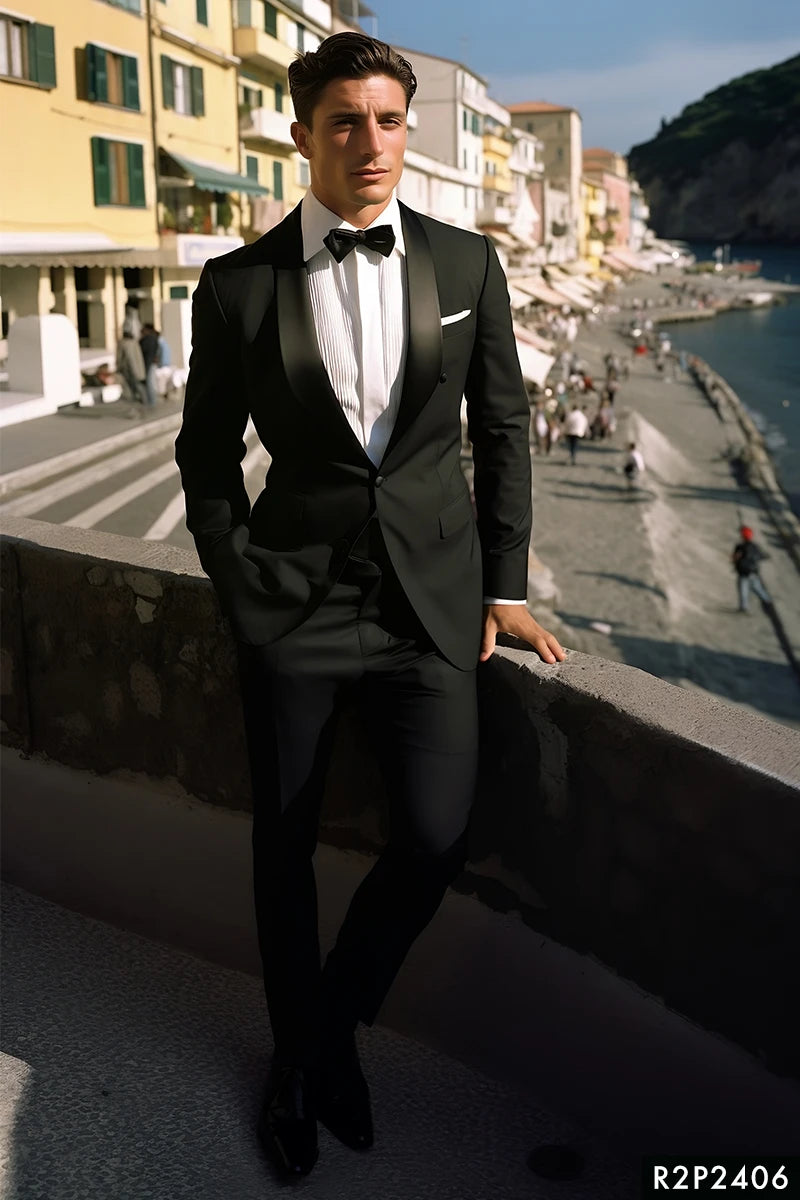 Black Satin Silk Shawl Lapel Tuxedo (2-Piece) - Image 1