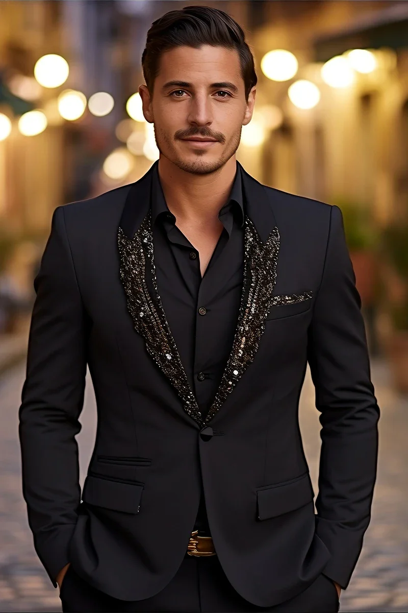 Black Embellished Satin Silk Tuxedo Suit (2-Piece) - Image 2