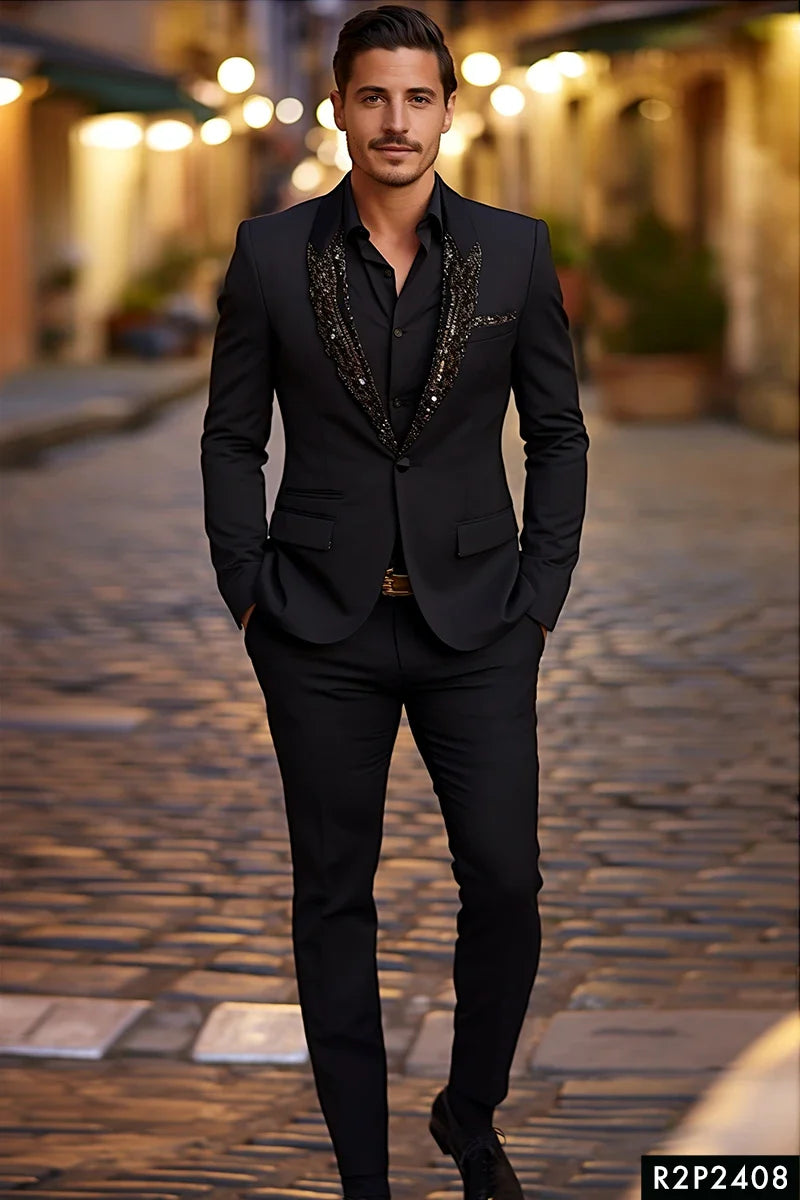 Black Embellished Satin Silk Tuxedo Suit (2-Piece) - Image 1