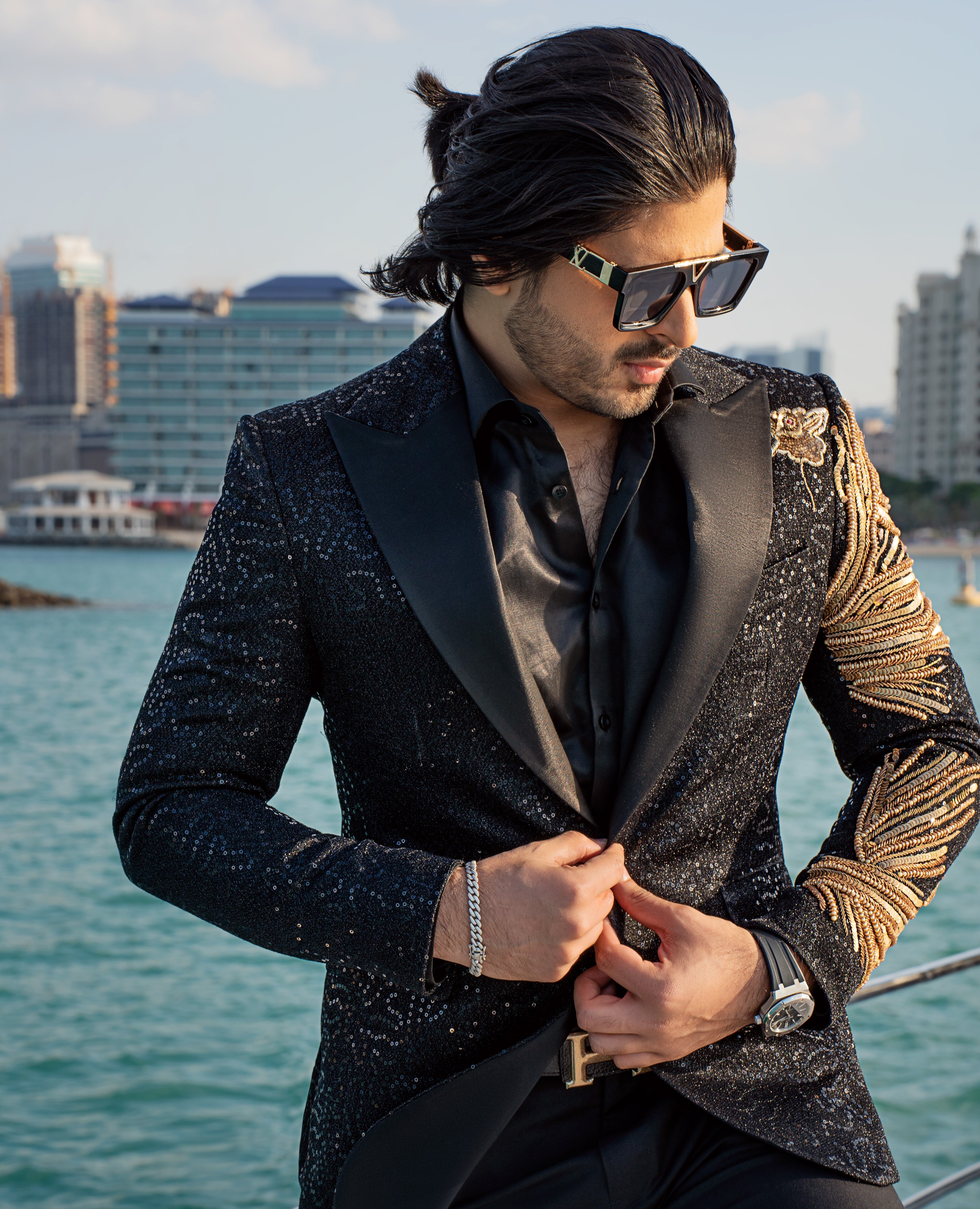 Black Sequin Peak Lapel Tuxedo (2-Piece) - Image 1