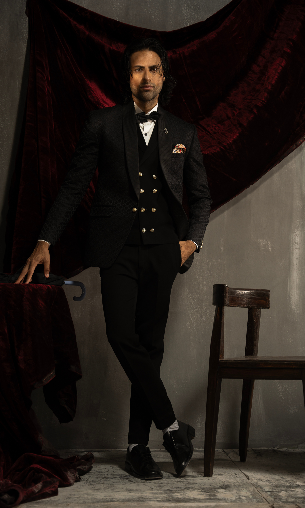 Black Textured Tuxedo Suit with Waistcoat (3-Piece) - Image 1