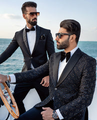 Jet Black Embroidered Suiting Tuxedo (2-Piece) - Image 3