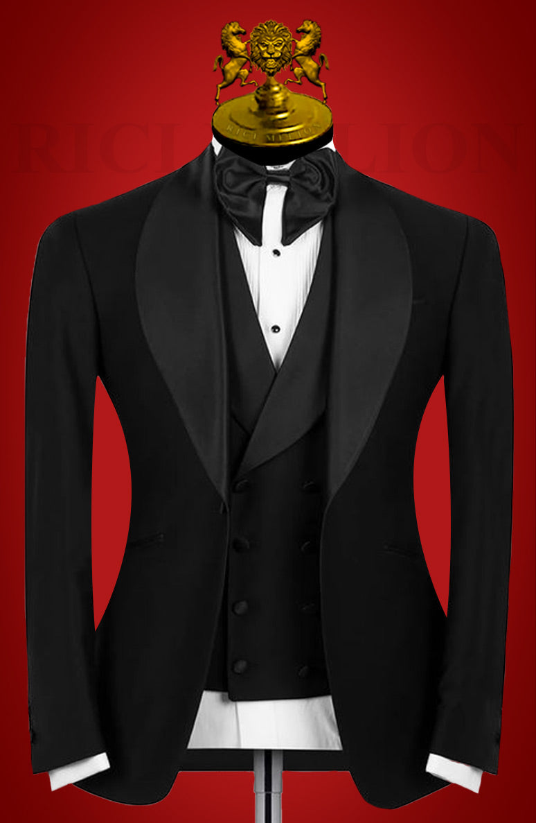 Black Satin Lapel Three-Piece Tuxedo (3-Piece) - Image 1