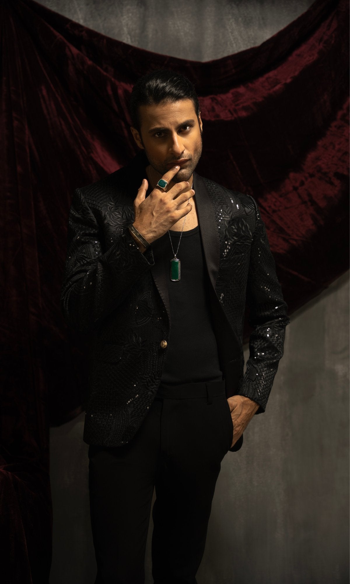 Black Embroidered Suiting Tuxedo Suit (2-Piece) - Image 3