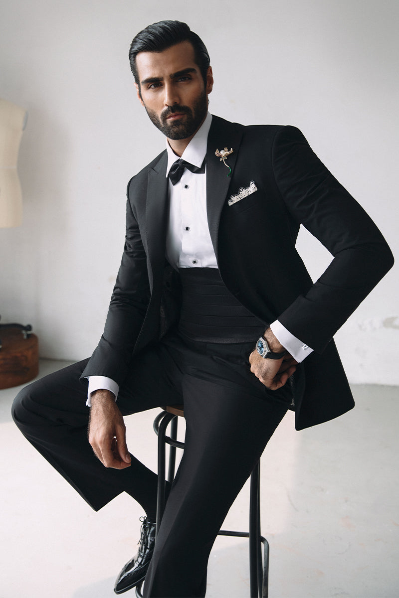 Midnight Black Italian Twill Peak Lapel Tuxedo (3-Piece) - Image 1