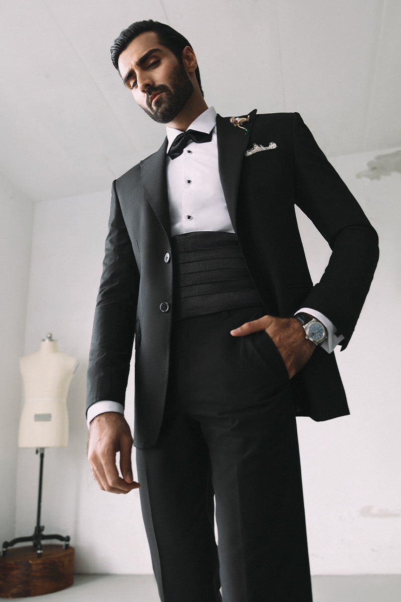 Midnight Black Italian Twill Peak Lapel Tuxedo (3-Piece) - Image 7