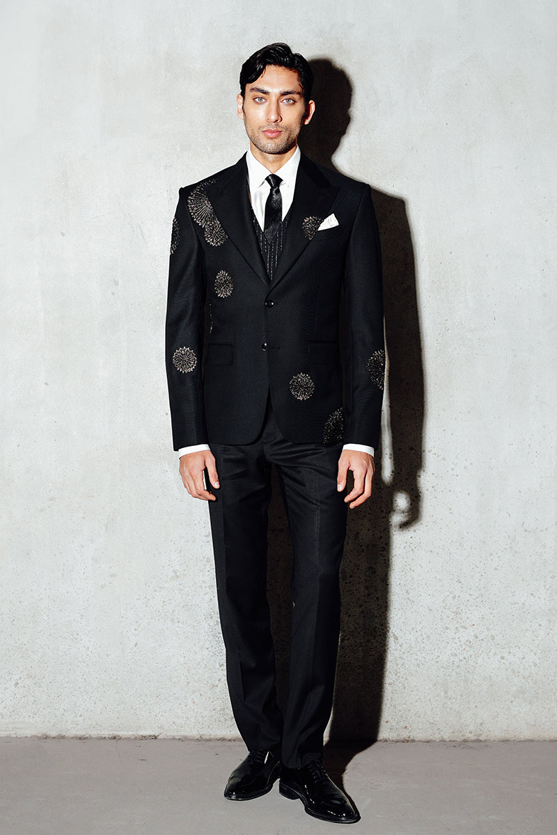 Black Embroidered Super 130 Wool Three-Piece Suit (3-Piece) - Image 1