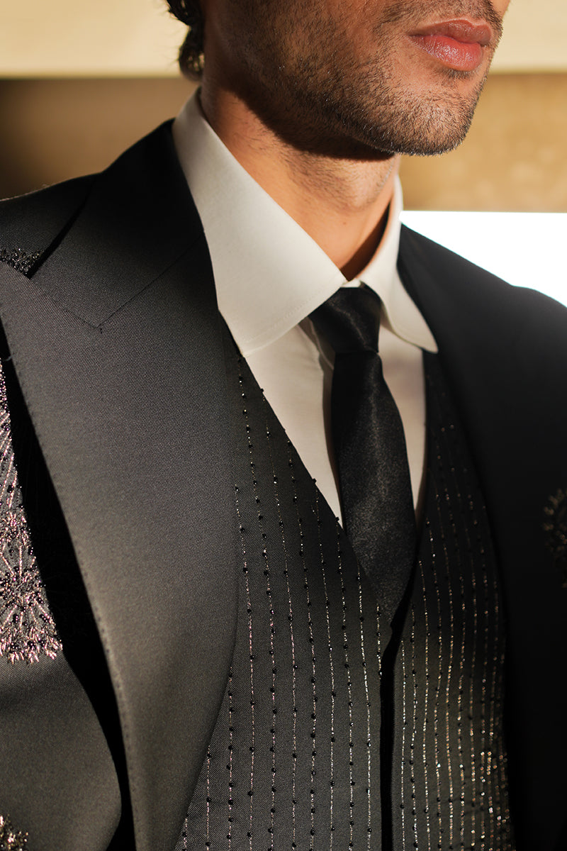 Black Embroidered Super 130 Wool Three-Piece Suit (3-Piece) - Image 2