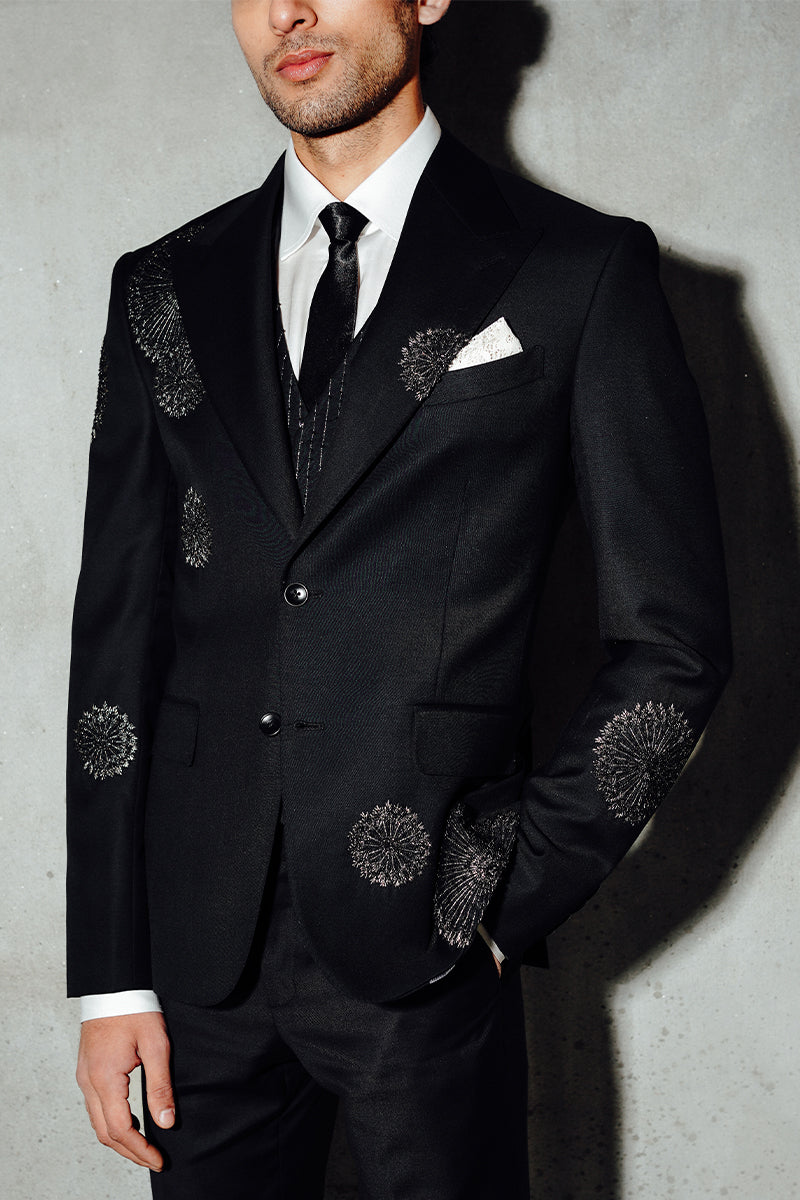 Black Embroidered Super 130 Wool Three-Piece Suit (3-Piece) - Image 3