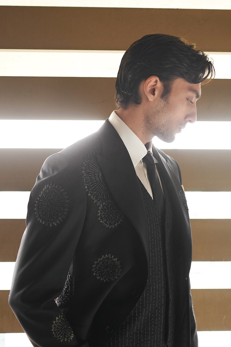 Black Embroidered Super 130 Wool Three-Piece Suit (3-Piece) - Image 5