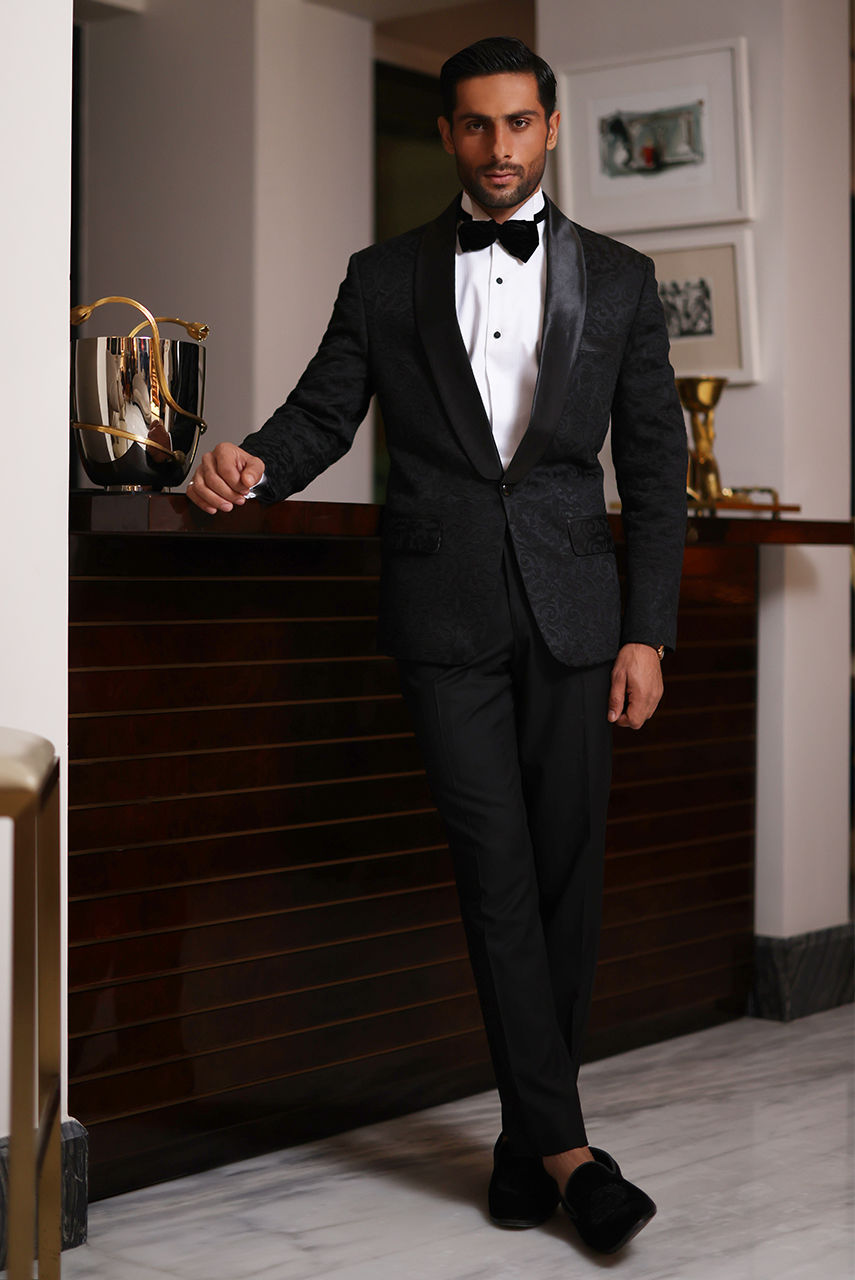 Black Textured Suiting Tuxedo with Satin Lapel (3-Piece) - Image 1