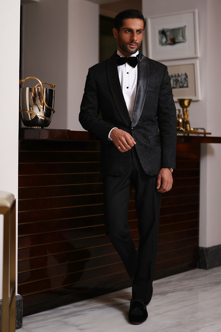 Black Textured Suiting Tuxedo with Satin Lapel (3-Piece) - Image 2
