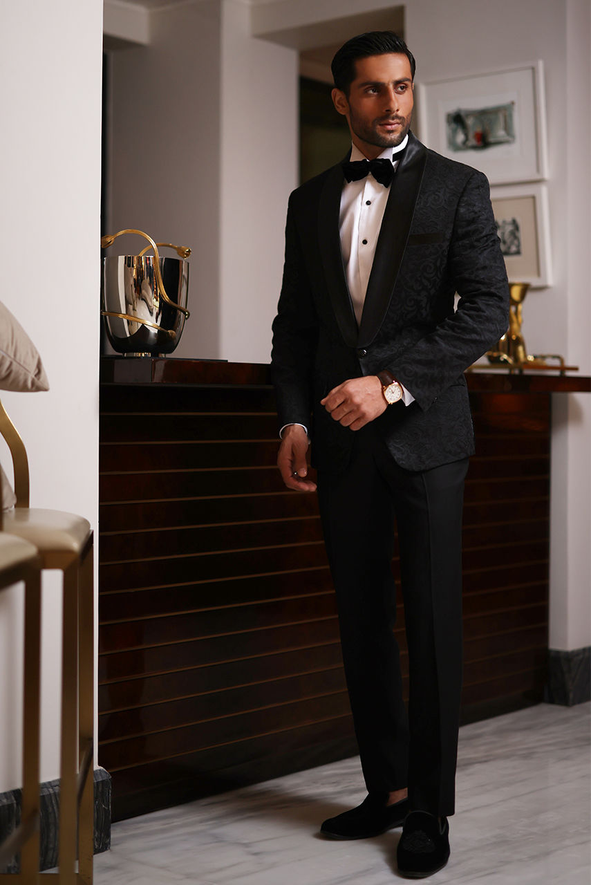 Black Textured Suiting Tuxedo with Satin Lapel (3-Piece) - Image 3