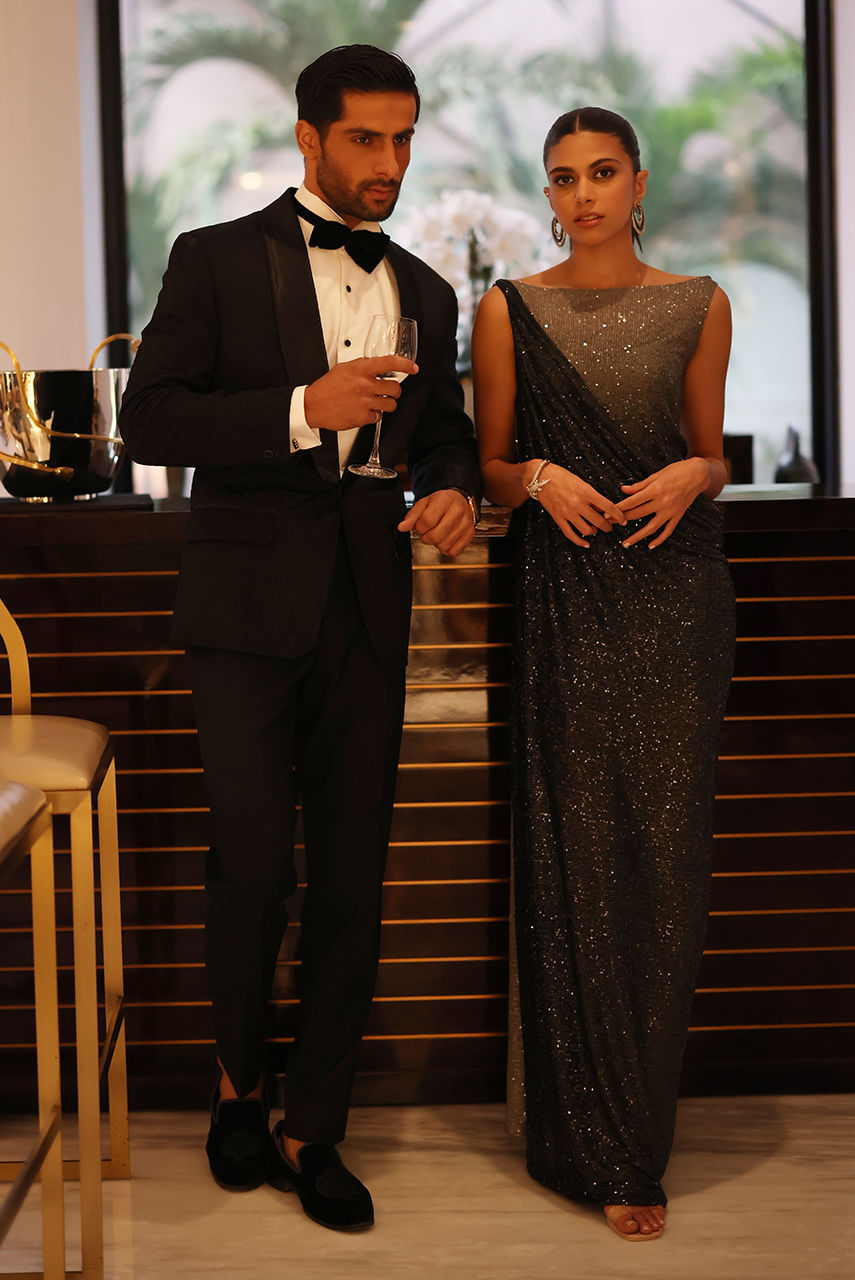 Black Textured Suiting Tuxedo with Satin Lapel (3-Piece) - Image 5