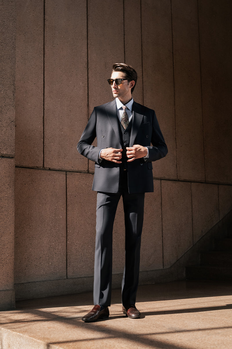 Black Tropical Wool Double Breasted 3-Piece Suit - Image 2