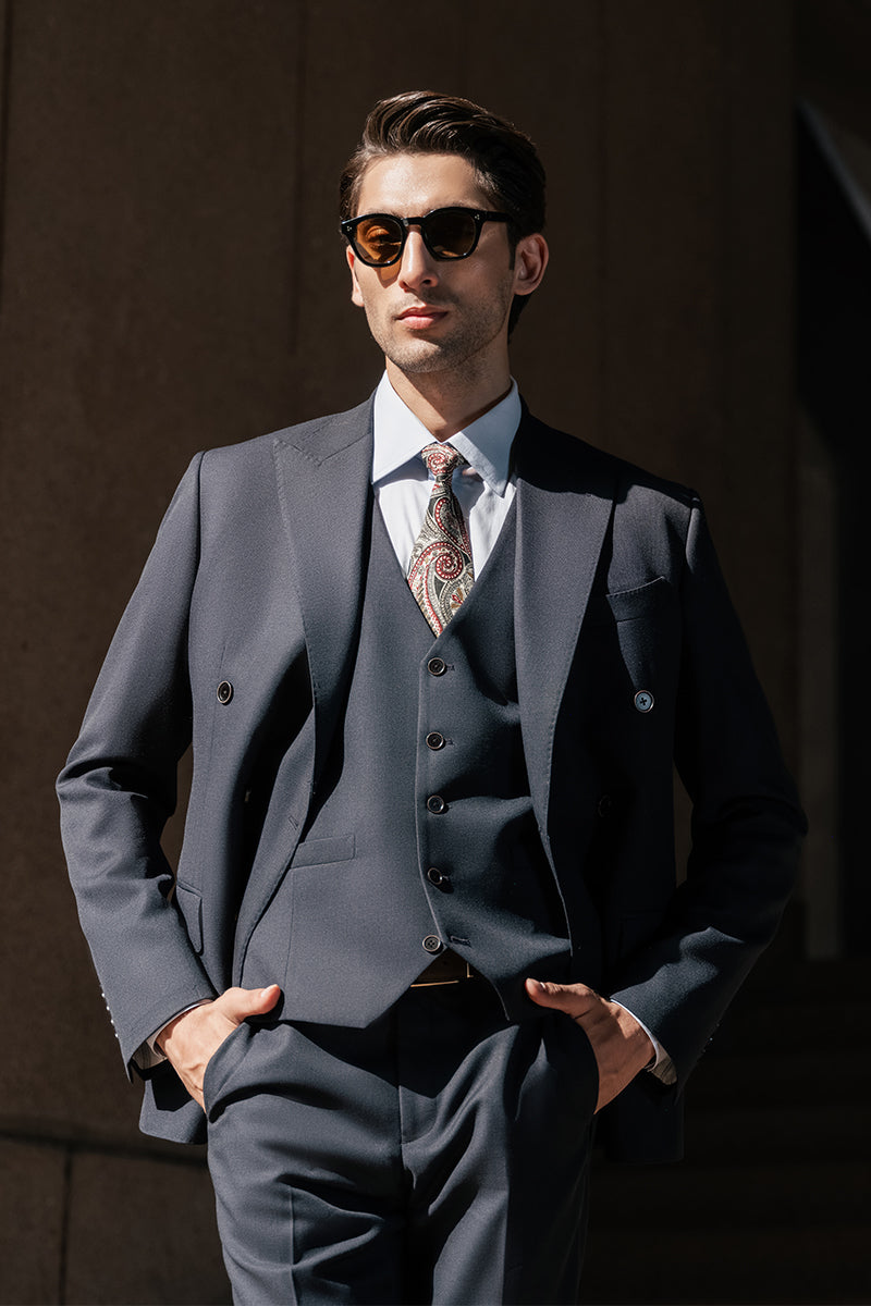 Black Tropical Wool Double Breasted 3-Piece Suit - Image 3