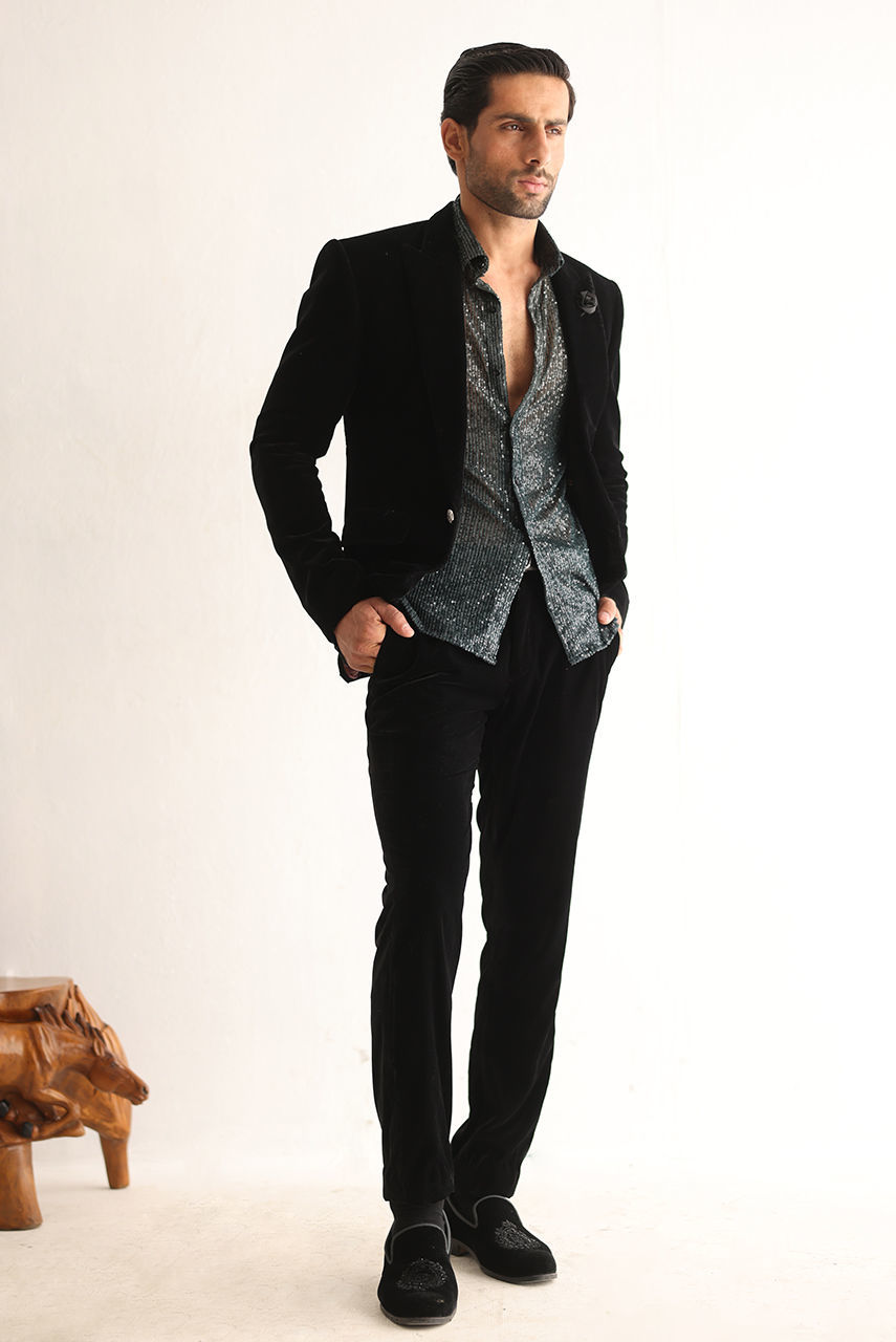 Black Velvet Tuxedo with Grey Sequin Shirt (3-Piece) - Image 1
