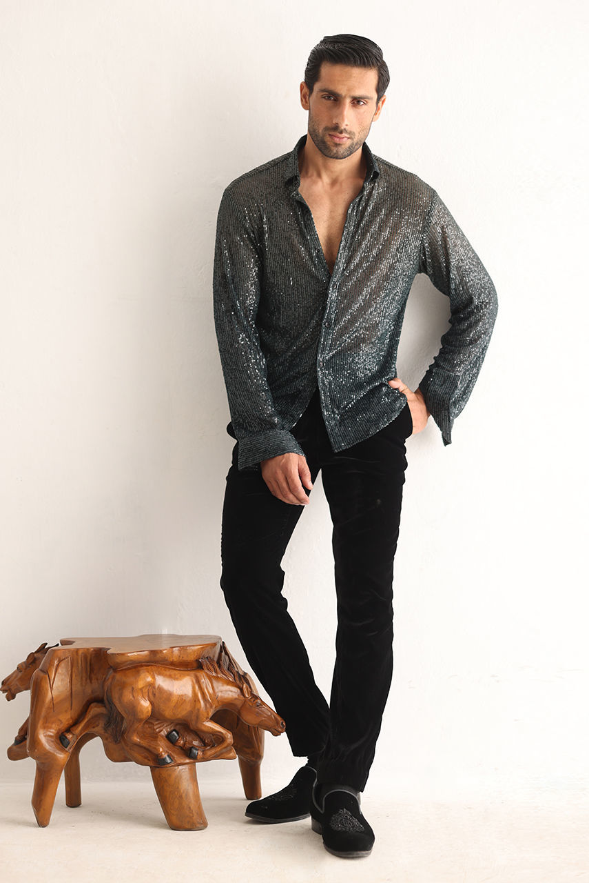 Black Velvet Tuxedo with Grey Sequin Shirt (3-Piece) - Image 2