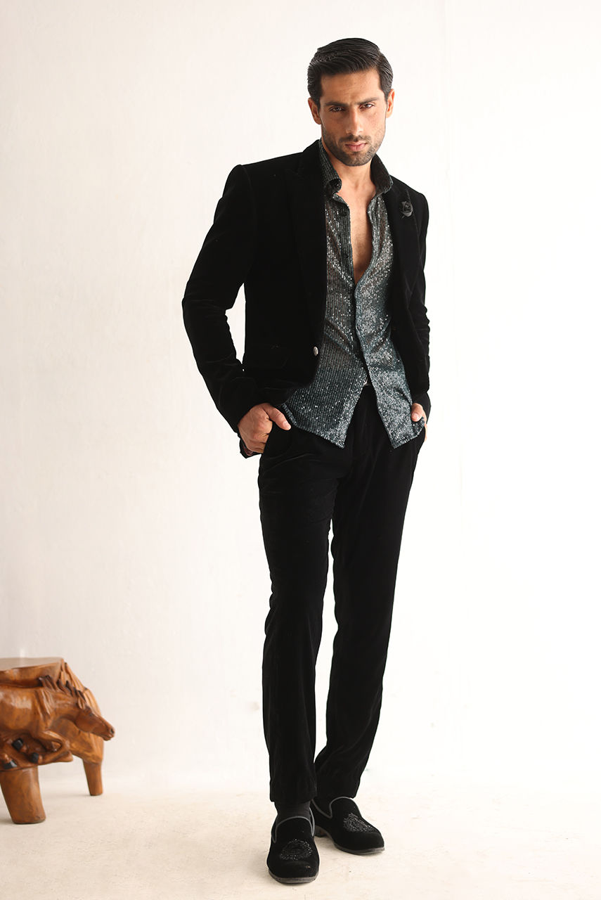 Black Velvet Tuxedo with Grey Sequin Shirt (3-Piece) - Image 3