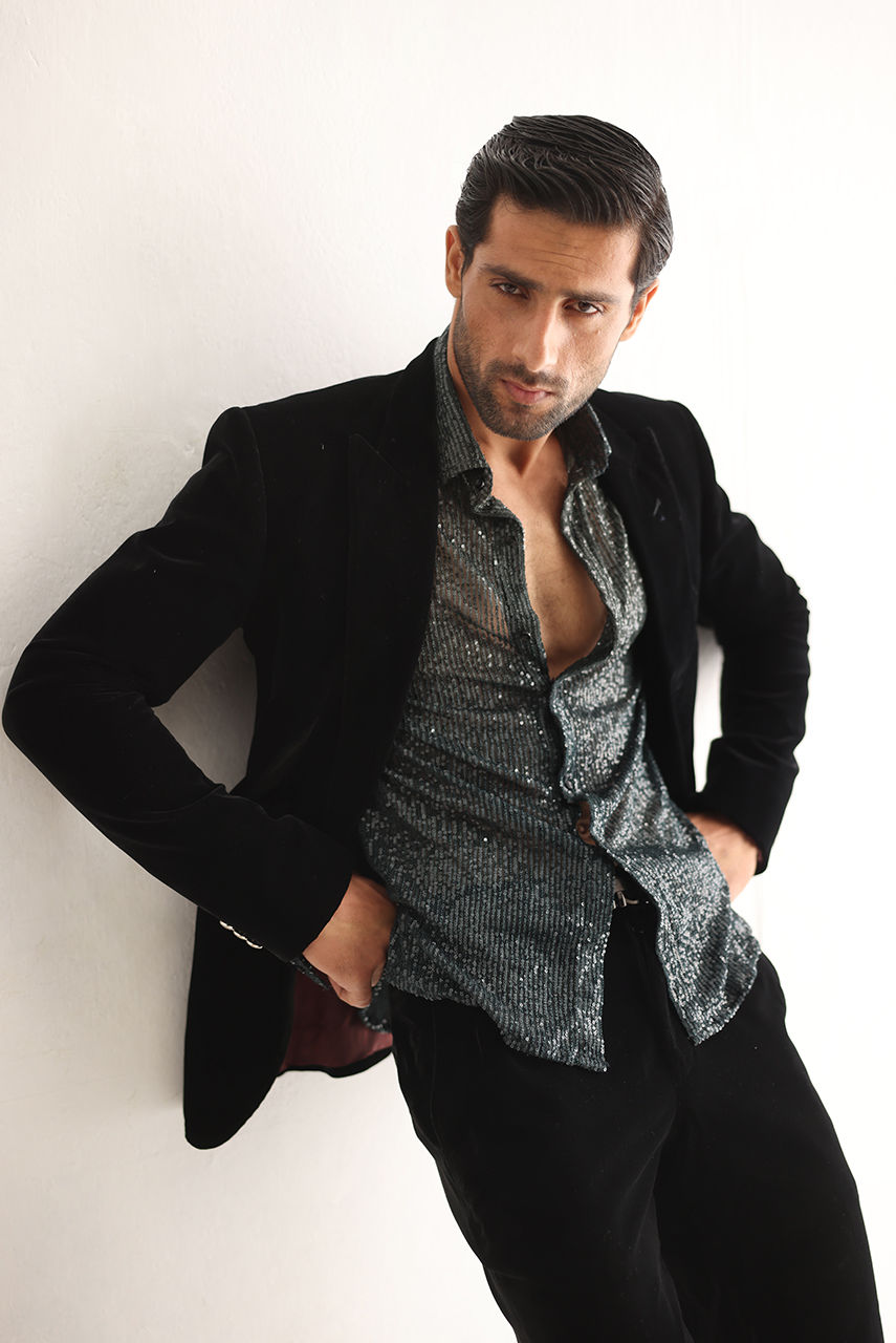 Black Velvet Tuxedo with Grey Sequin Shirt (3-Piece) - Image 4