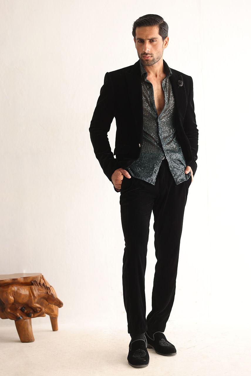 Black Velvet Tuxedo with Grey Sequin Shirt (3-Piece) - Image 6