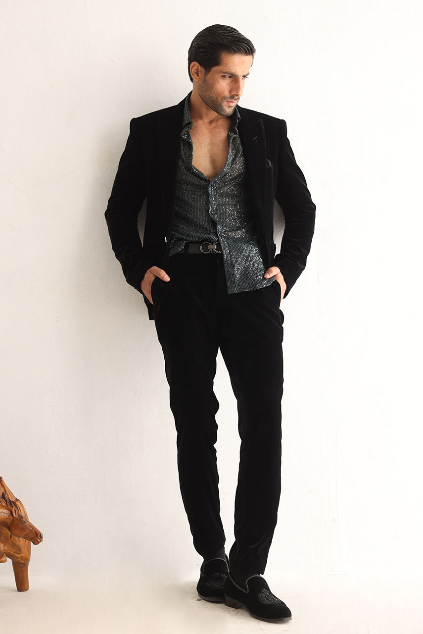 Black Velvet Tuxedo with Grey Sequin Shirt (3-Piece) - Image 7