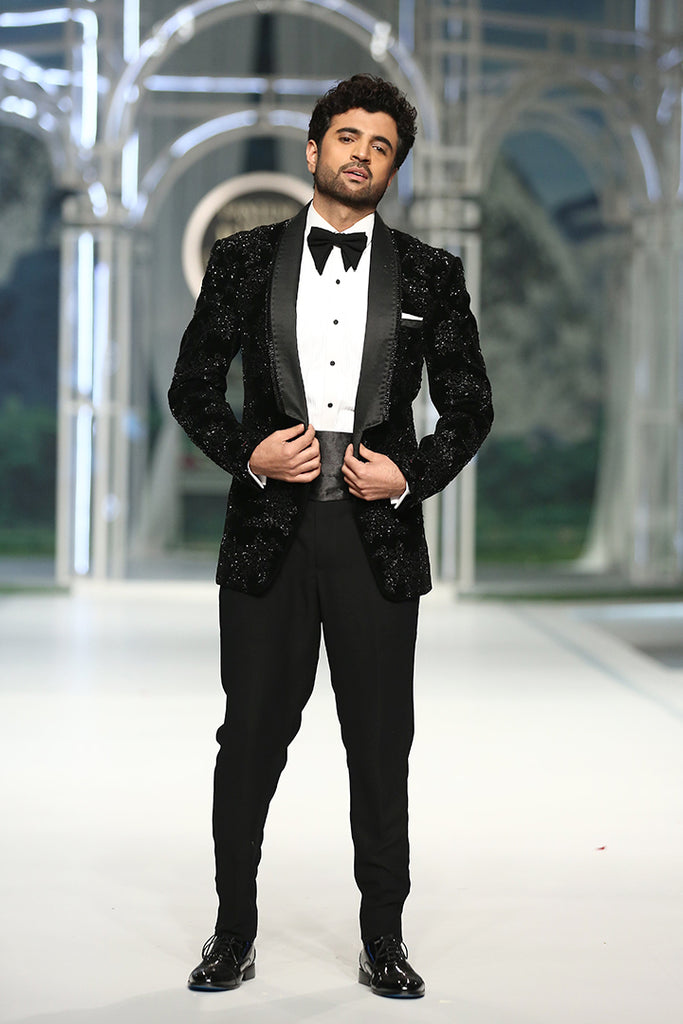 Black Cutdana Velvet Tuxedo (3-Piece) - Image 1