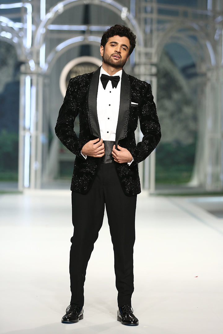 Black Cutdana Velvet Tuxedo (3-Piece) - Image 2