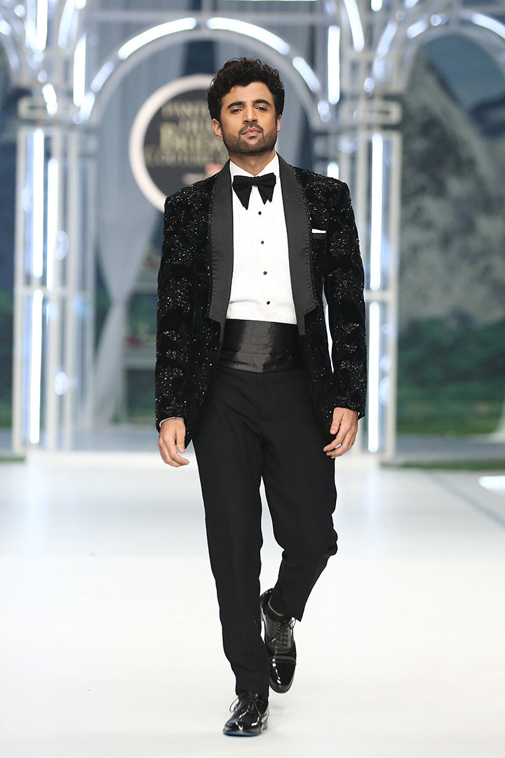 Black Cutdana Velvet Tuxedo (3-Piece) - Image 3