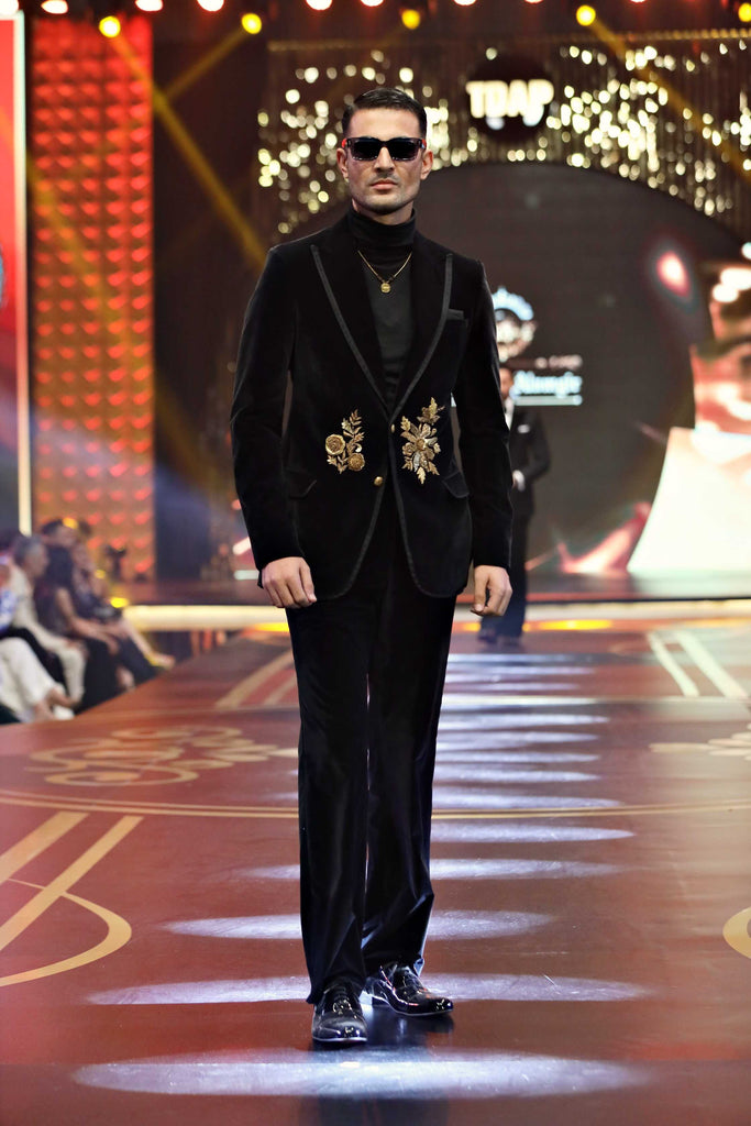 Black Hand-Embroidered Velvet Tuxedo (2-Piece) - Image 1