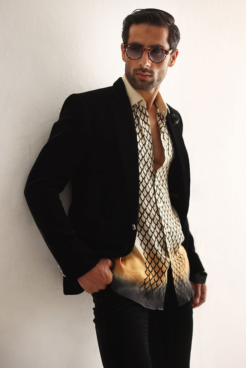 Black Velvet Tuxedo with Silk Printed Shirt (3-Piece) - Image 3