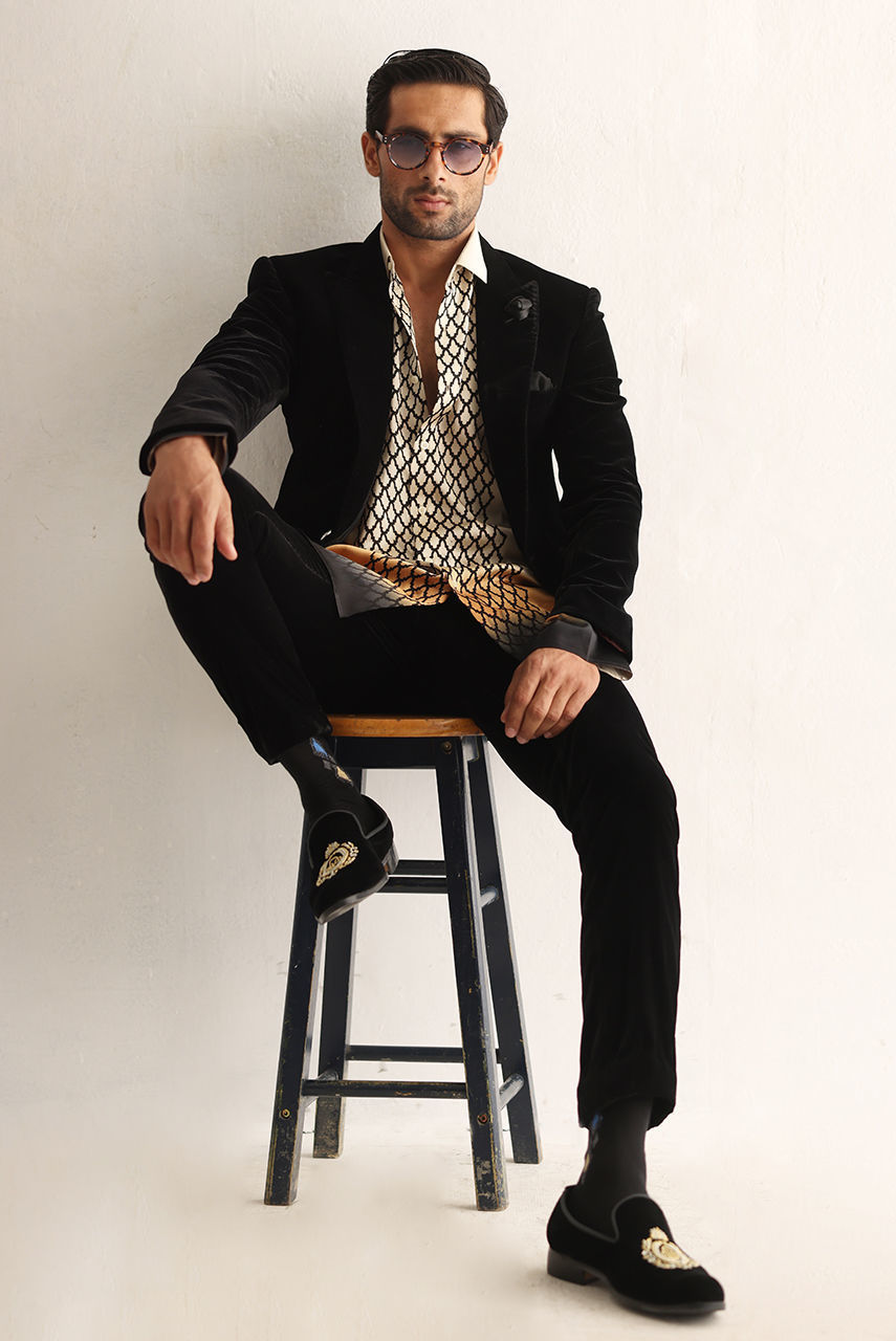 Black Velvet Tuxedo with Silk Printed Shirt (3-Piece) - Image 4